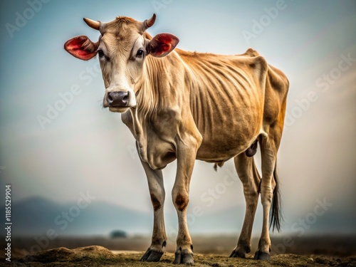 A gaunt cow, victim of malnutrition and neglect, suffers silently.