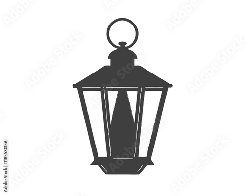 Vintage birdcage with golden metal frame and empty interior, featuring a lantern illustration