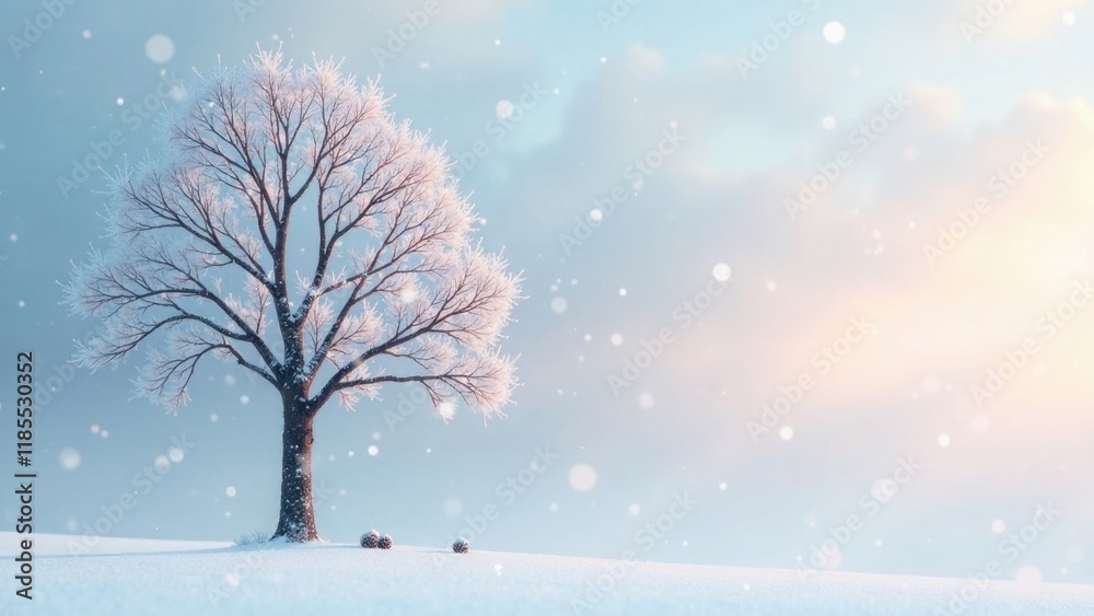 Serene Winter Landscape A Single Frost-Covered Tree Stands Alone in a Snowy Field Under a Softly Lit Sky, with Falling Snow Adding to the Peaceful Atmosphere. Serene Winter Landscape A Single Frost-Covered Tree Stands Alone in a Snowy Field Under a Softly Lit Sky, with Falling Snow Adding to the Peaceful Atmosphere.