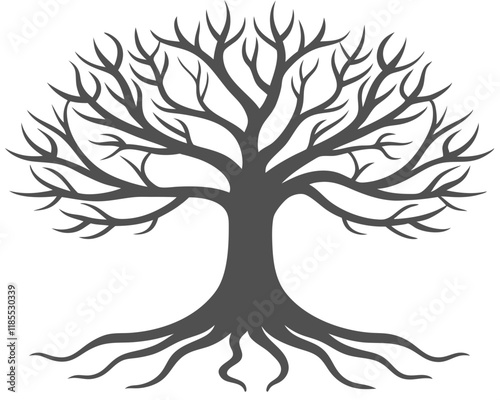 A solitary tree with visible roots set against a clean white background, emphasizing its natural structure and form.