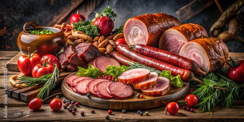 Applewood, beechwood, and juniper smoked hams, gammon, pork loin, sausages, and kabanosy. photo