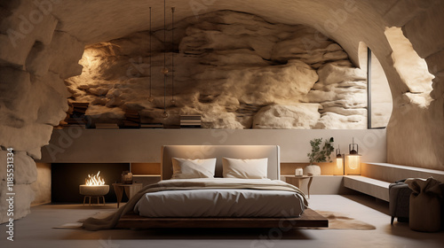 Luxury modern bedroom in an underground cave, featuring rock and wood materials, warm lighting, and a cozy fireplace, creating a serene and ultra-realistic atmosphere with minimalist design.