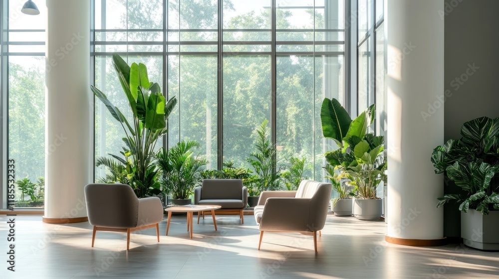 Fototapeta premium Modern Lounge with Chairs and Indoor Plants by Large Windows