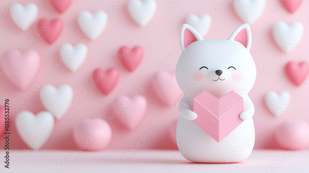 Obraz premium A cute cat figurine holding a heart, surrounded by pink and white hearts against a soft pink background, perfect for expressing love and affection.