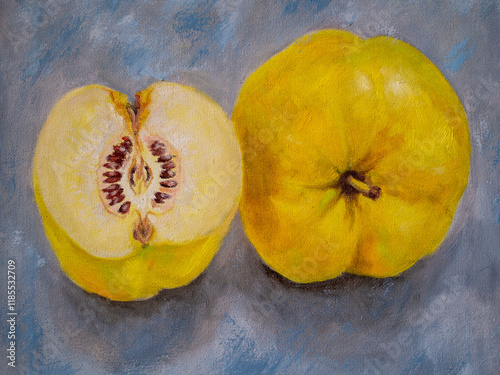 Oil painting with quince fruits. Yellow quinces on a blue background. Still life with fruits photo