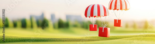 Brightly lit scene featuring three red and white parachutes carrying boxes, set against a blurred city skyline and green landscape. photo