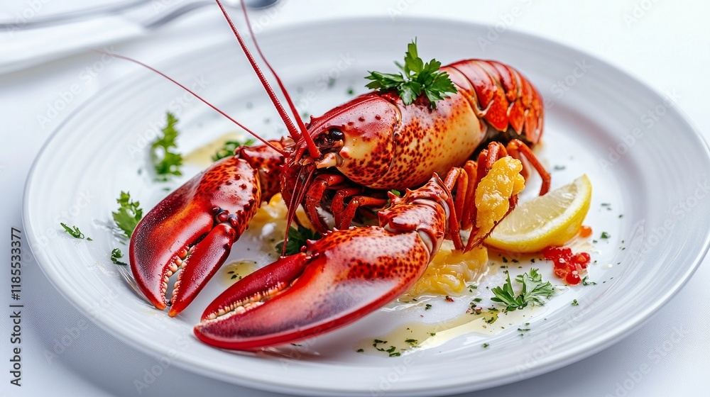 A gourmet lobster dish with delicate presentation, served on a white plate with minimalist garnishes,AI Generative. A gourmet lobster dish with delicate presentation, served on a white plate with minimalist garnishes,AI Generative.