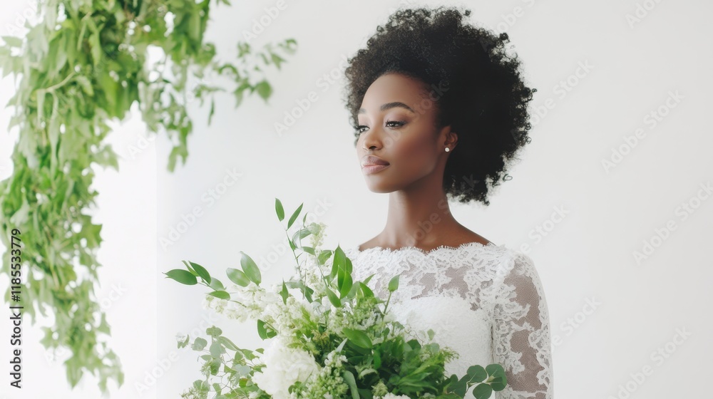 Elegant Bride with Lush Bouquet: A stunning Black bride radiates grace and beauty, holding a breathtaking bouquet of lush greenery and white flowers.