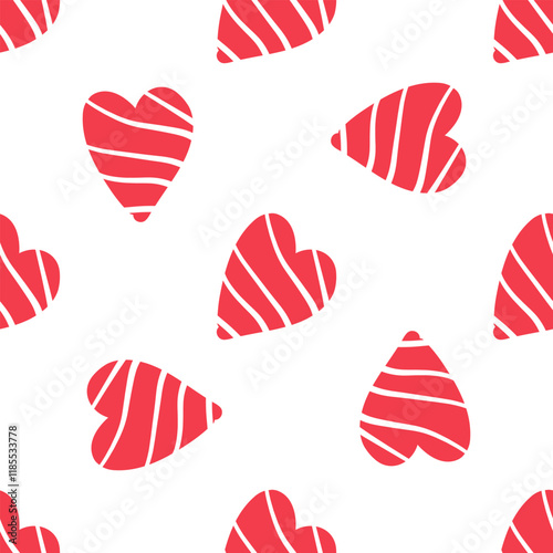 Seamless pattern with red hearts and wavy lines in flat doodle style