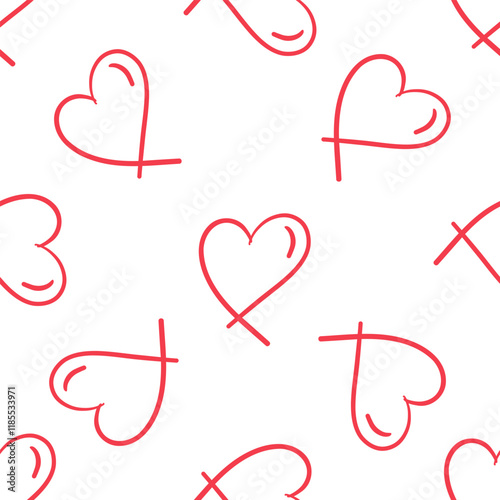 Seamless pattern with hand-drawn red hearts and lines in flat doodle style