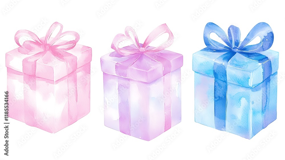Obraz premium A set of three watercolor gift boxes in varying sizes, painted in pastel tones with intricate ribbon details, soft shadow accents for a three-dimensional look, isolated on white, the mood is joyful