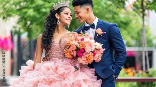 Sweet Sixteen Celebration: A young couple, the girl adorned with a tiara and a beautiful pink dress, gazes lovingly at each other during a quinceañera celebration. photo