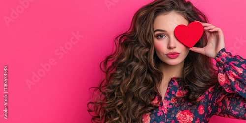 Lovely Lady with Heart:  A beautiful young woman with long, flowing brown hair playfully covers one eye with a red heart against a vibrant pink background.  She exudes charm and romantic allure. photo