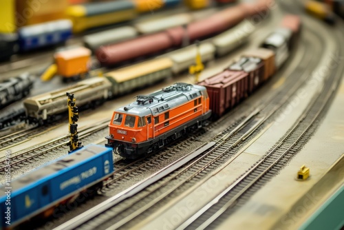 Model Train Engine Leads Cargo Cars On Tracks photo