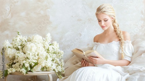 Lost in the Pages: A serene blonde woman, bathed in soft light, finds solace and enchantment in the words of a book, surrounded by a delicate arrangement of white flowers.   photo