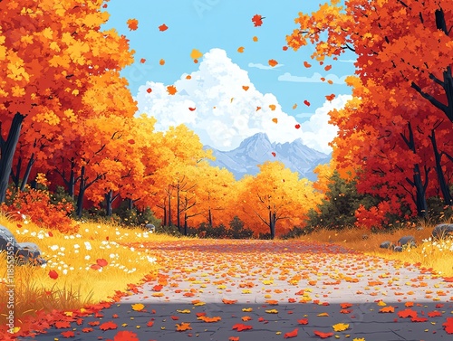 A vibrant autumn landscape with colorful trees, falling leaves, and a serene path leading towards mountains. photo