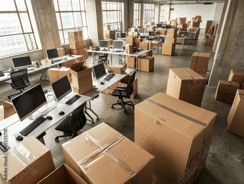 An office space filled with cardboard boxes and computer desks, indicating a move or renovation in progress.