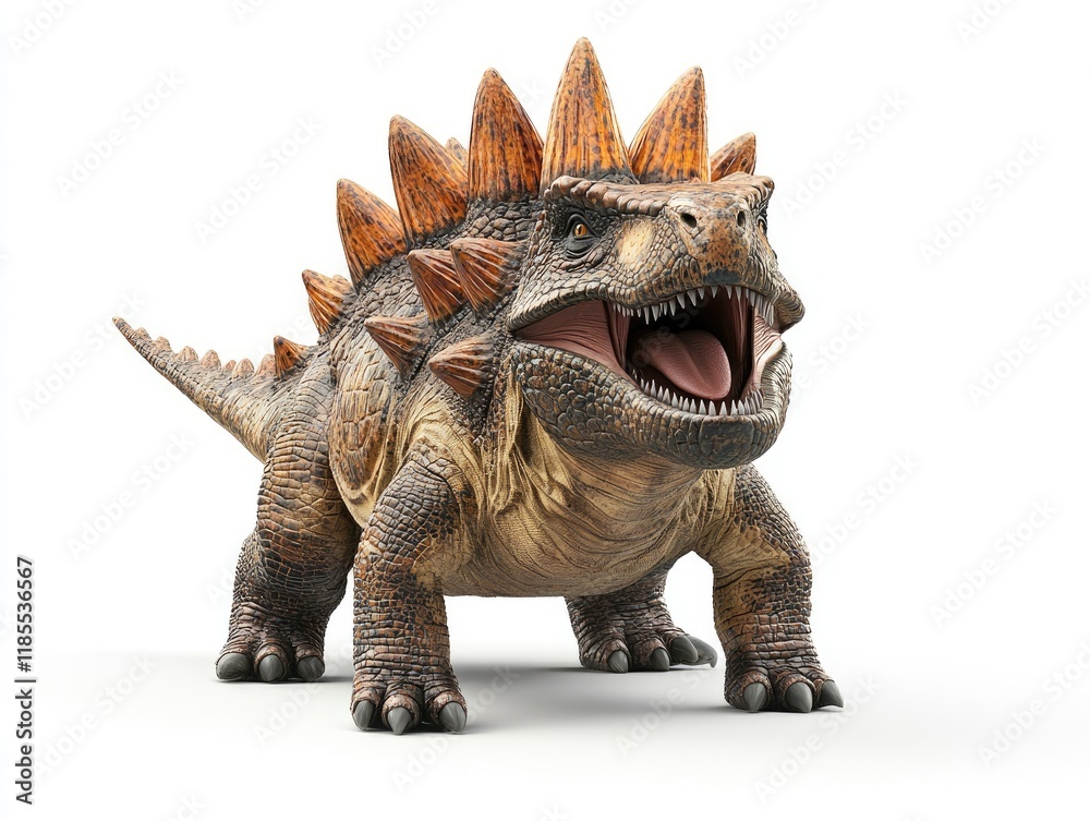 Fototapeta premium A cartoonish dinosaur-like creature with spikes and an open mouth, showcasing a playful design.