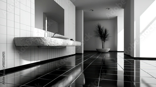 Modern Minimalist Bathroom Interior Design: Sleek Black and White Bathroom with Stone Sink and Palm Plant