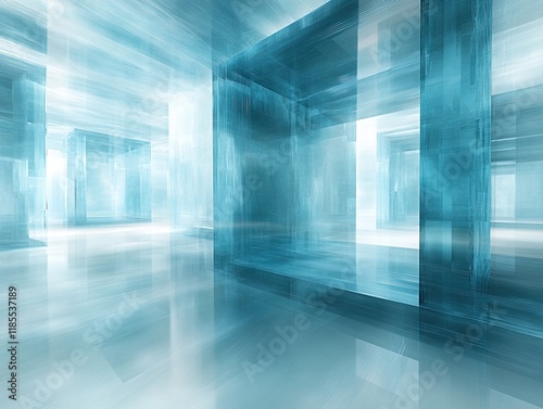 Wallpaper Mural A futuristic, abstract space with translucent blue structures and a reflective floor, creating a sense of depth and movement. Torontodigital.ca