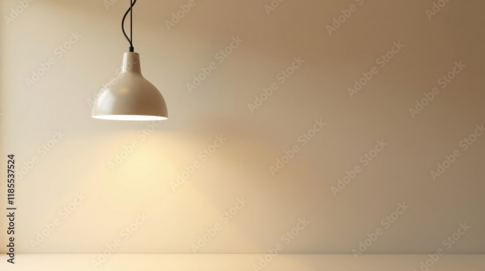 A single illuminated pendant lamp hangs above a minimalist room A single illuminated pendant lamp hangs above a minimalist room