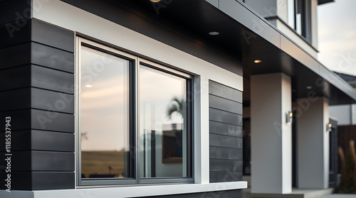 Modern Home Exterior with Dark Gray Siding and Multi-Paned Window