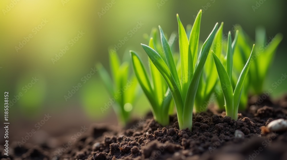 Spring growth, green shoots emerging from the soil Spring growth, green shoots emerging from the soil
