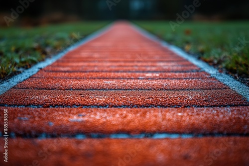 A close-up view of a wet orange running track leading into the distance, surrounded by green grass.