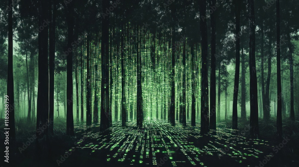 Naklejka premium Enchanted Digital Forest: Where Nature Meets Technology, a Mystical Green Digital Pathway Through a Dark Forest