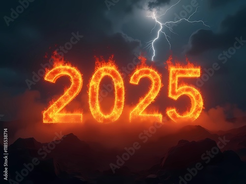 Dramatic year concept. The number 2025 appears in the middle of the dark night, made of blazing fire. photo