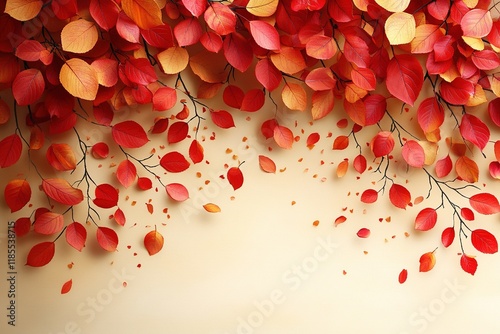 A vibrant arrangement of red and orange autumn leaves cascading against a soft background.