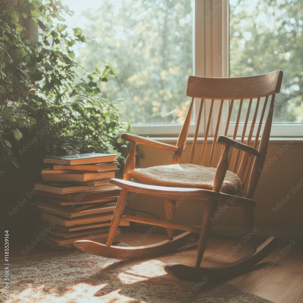 Relaxing Moments in a Cozy Living Room with a Rocking Chair Surrounded by Books and Greenery Inviting Serenity and Comfort Relaxing Moments in a Cozy Living Room with a Rocking Chair Surrounded by Books and Greenery Inviting Serenity and Comfort