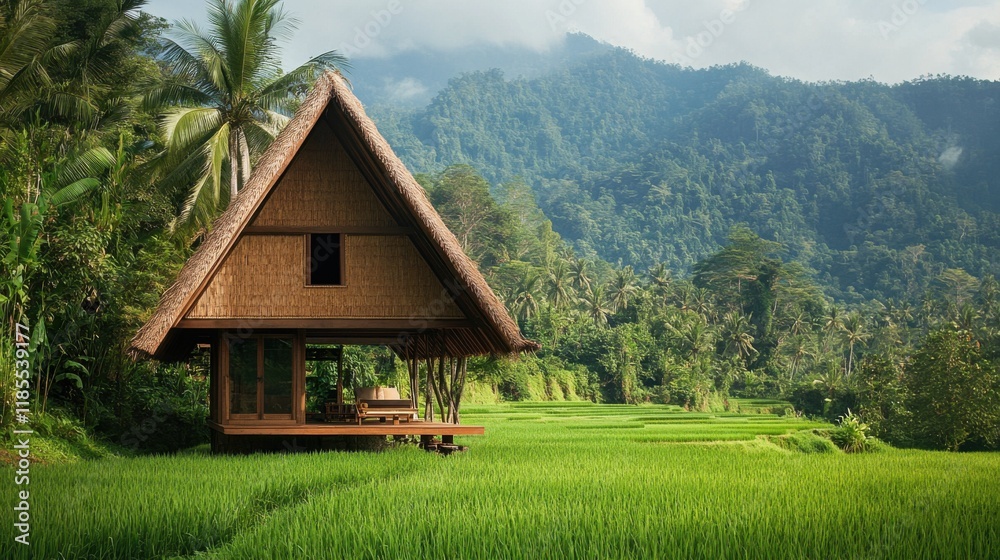 A traditional tropical house with a red-tiled roof surrounded by lush green rice fields, palm trees, and distant mountains under a serene sky A traditional tropical house with a red-tiled roof surrounded by lush green rice fields, palm trees, and distant mountains under a serene sky