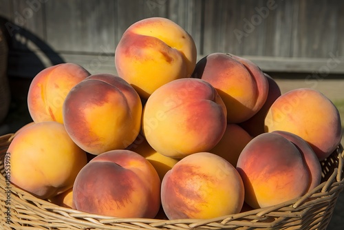 A closeup shot of a pile of ripe, sunkissed peaches. Their fuzzy skins show variations of yellow and red hues. The background is blurred, suggesting a rustic setting. photo