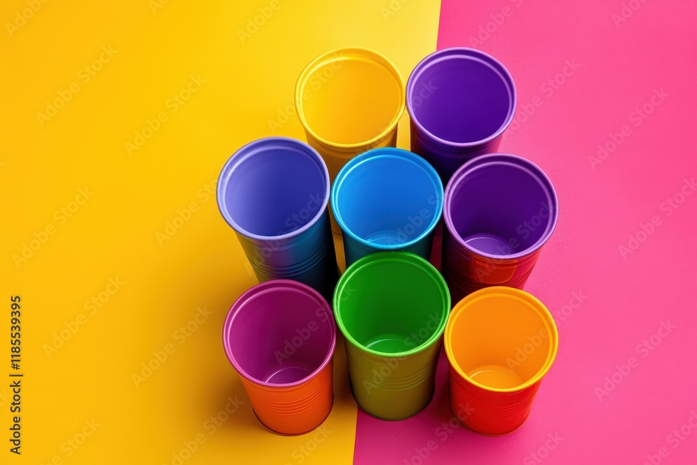 Colorful Cups Arranged On Yellow And Pink Background Colorful Cups Arranged On Yellow And Pink Background