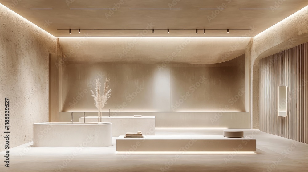 A minimalist exhibition setting with two empty stands, featuring clean lines, neutral tones, and bright, even lighting for a refined atmosphere A minimalist exhibition setting with two empty stands, featuring clean lines, neutral tones, and bright, even lighting for a refined atmosphere