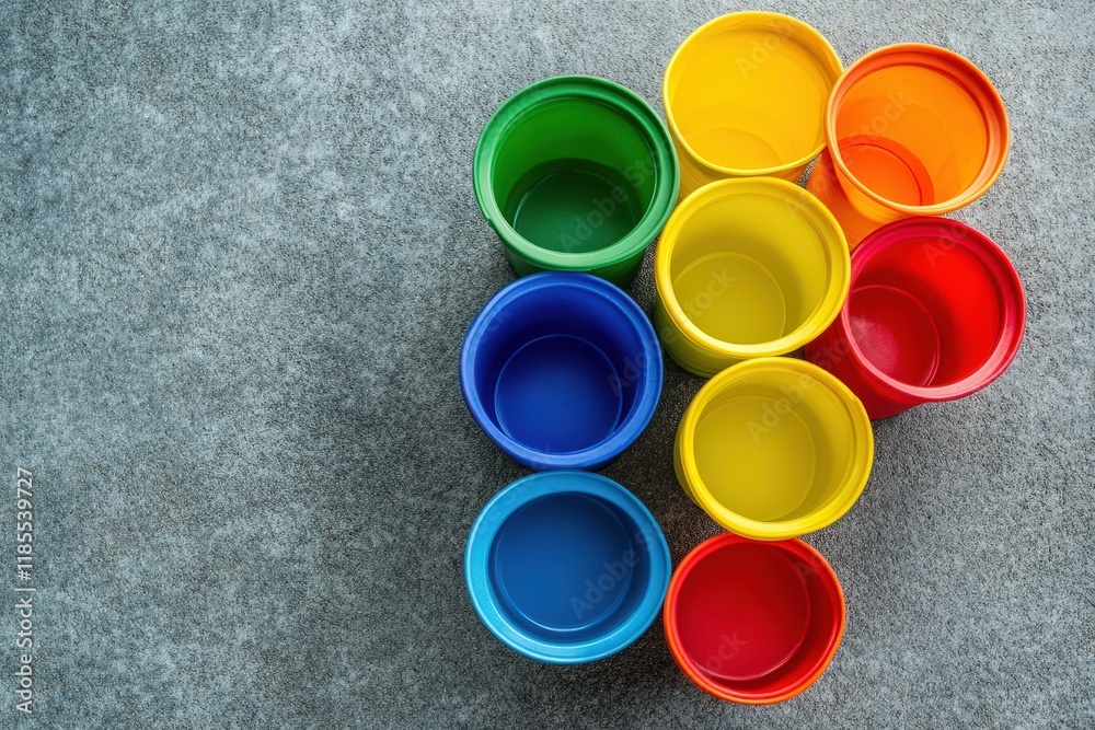 Colorful Plastic Cups Arranged on Grey Surface Colorful Plastic Cups Arranged on Grey Surface