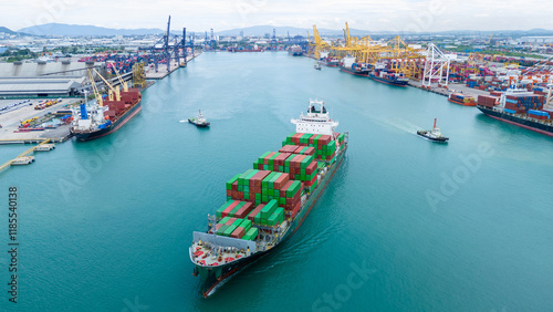 Foto Aerial top view of cargo ship carrying container and running for export cargo ya