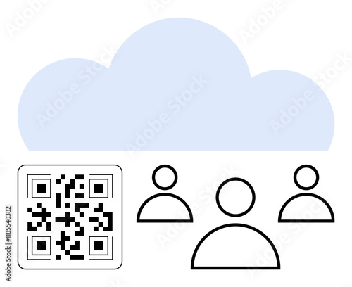 QR code alongside user icons below a cloud. Ideal for digital access, user networking, cloud storage, teamwork, data transfer, tech innovation, and online integration abstract line flat metaphor