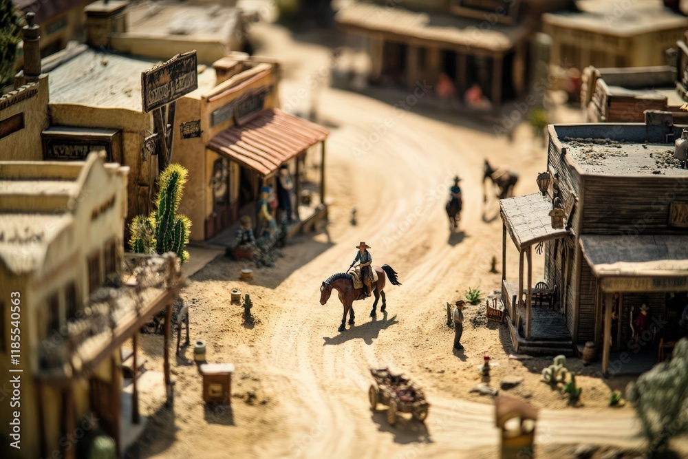 Obraz premium Cowboy Riding Horse Through Miniature Western Town