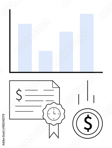 Bar chart indicating growth, document with dollar sign and ribbon, and descending dollar coin with arrows. Ideal for finance, growth, investment, ROI, performance reward economic trends. Abstract