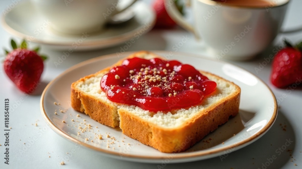 A slice of light-colored bread topped with vibrant red strawberry preserves and a sprinkle of seeds, accompanied by fresh strawberries and teacups on a table A slice of light-colored bread topped with vibrant red strawberry preserves and a sprinkle of seeds, accompanied by fresh strawberries and teacups on a table