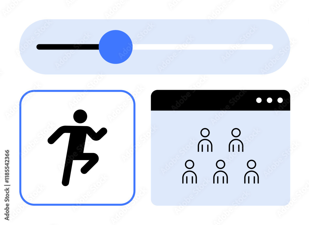 Slider adjustment bar, running figure icon, and browser window with group icons. Ideal for productivity, teamwork, fitness tracking, UIUX design, technology, digital analytics abstract line flat Slider adjustment bar, running figure icon, and browser window with group icons. Ideal for productivity, teamwork, fitness tracking, UIUX design, technology, digital analytics abstract line flat