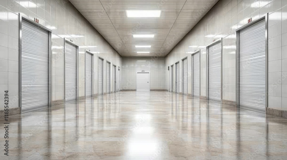 A sleek, modern hallway lined with storage unit doors, reflecting light on polished floors, creating a spacious and organized atmosphere. A sleek, modern hallway lined with storage unit doors, reflecting light on polished floors, creating a spacious and organized atmosphere.