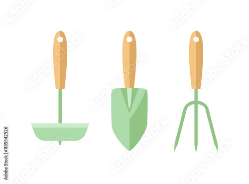 Gardening tools set. Trowel with wooden handle, tiller hand rake and small hoe isolated on white background. Vector cartoon flat illustration.