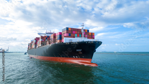 Aerial side view of cargo ship carrying container and running for export cargo yard port to custom ocean concept technology transportation , customs clearance, webinar banner forwarder mast