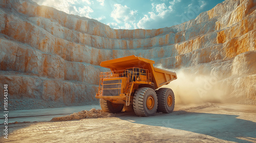 Massive yellow industrial dump truck working in a dusty excavation site.