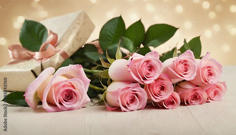 Fototapeta premium Pink carnations bloom around a beautifully wrapped present and heartfelt thank you card on a soft pastel background, symbolizing gratitude on Mother's Day.and valentine day,123