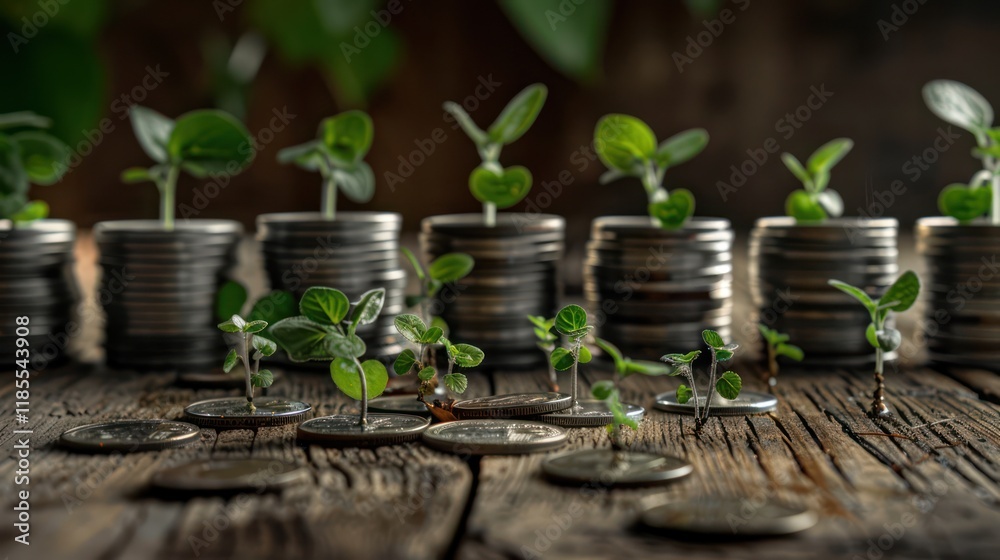 Young plants sprout from silver coin stacks on a textured wooden table, symbolizing financial growth, savings, and investment with vibrant, lush details. Young plants sprout from silver coin stacks on a textured wooden table, symbolizing financial growth, savings, and investment with vibrant, lush details.