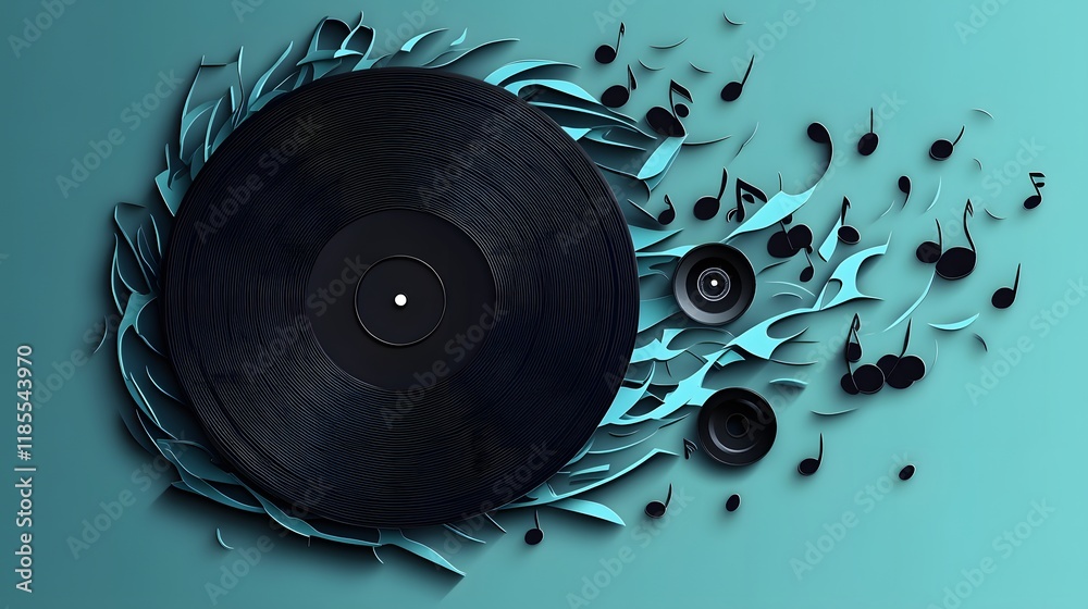 Obraz premium Vinyl Record Surrounded by Abstract Teal Music Notes